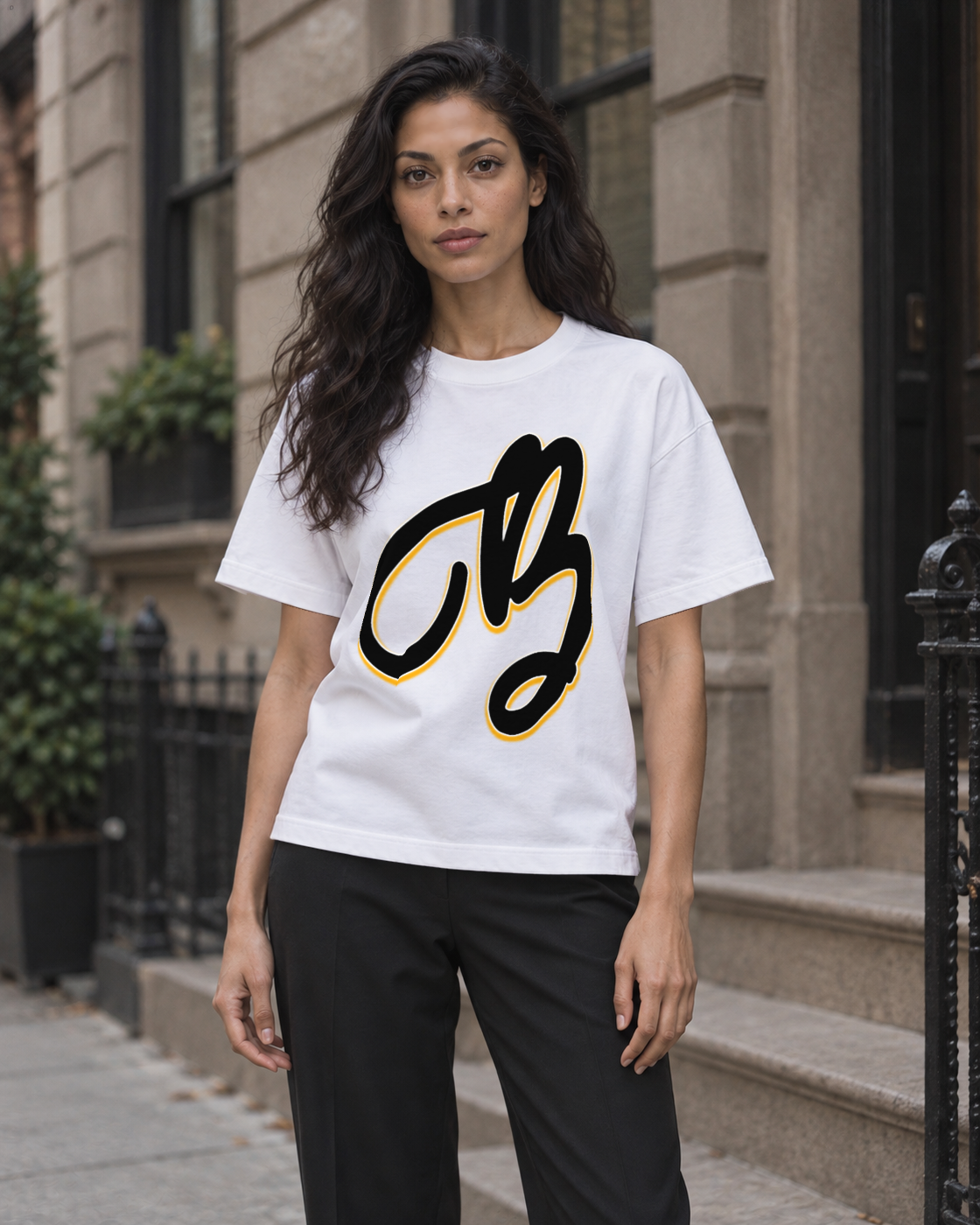 Bón Sin Script B Black & Gold T-Shirt — White — Front