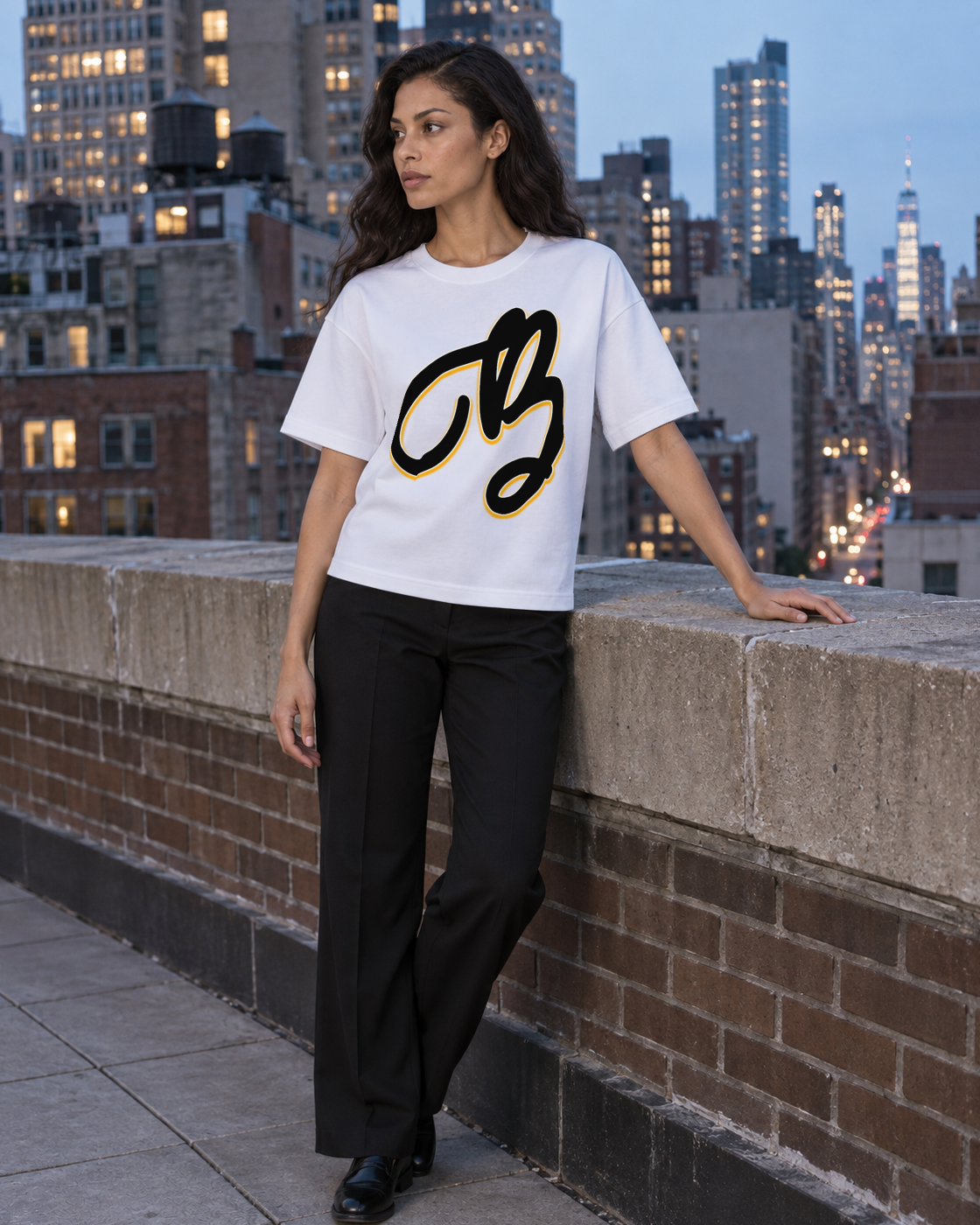 Bón Sin Script B Black & Gold T-Shirt — White — Lifestyle