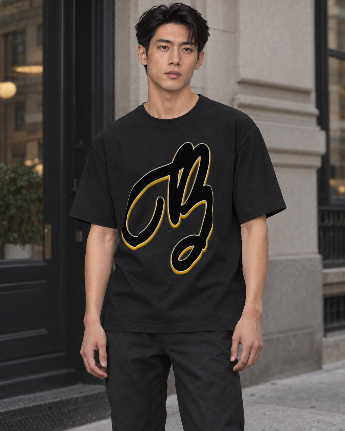 Bón Sin Script B Black & Gold T-Shirt — Black — Front
