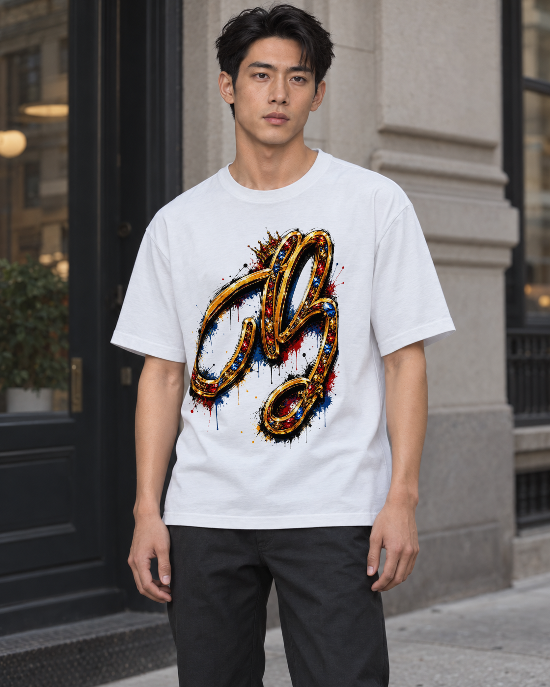 Bón Sin Jewel B Script T-Shirt — White — Front